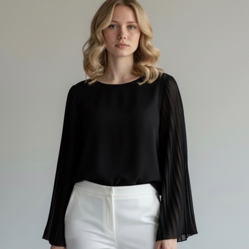 VTG Ell Jay Sz 6 Black Sheer Pleated‎ Accordion Long Sleeve Blouse Layered Hem